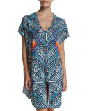 Peacock-Print Short Caftan Coverup