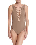 Entwined Plunge Lace-Up One-Piece Swimsuit, Latte