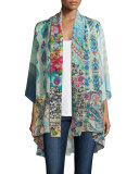 Mixed-Print Tie-Front Silk Kimono 