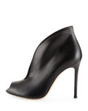 Leather V-Neck Peep-Toe Bootie, Black