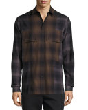 Gradient Plaid Large-Pocket Shirt, Brown