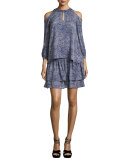 Silk 2-in-1 Abstract-Print Dress, White/Blue