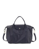 Le Pliage Cuir Handbag with Strap, Navy