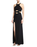 Sleeveless Crewneck Crisscross Gown, Black