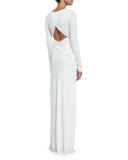 Ruched Long-Sleeve Column Gown, Ecru