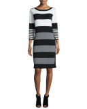 Multi-Stripe 3/4-Sleeve Sweaterdress, Ivory/Gray/Black, Plus Size