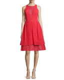 Sleeveless Eyelet-Overlay Sheath Dress, Flame