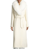 Long Fox-Trim Belted Felt Coat, White