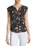Iva Floral-Print Cap-Sleeve Silk Blouse, Black