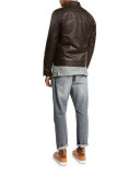 Striped Fine-Gauge Crewneck Sweater, Gray