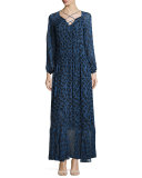 Python-Print Long-Sleeve Maxi Dress, Blue Allium 