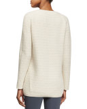 Long-Sleeve V-Neck Textured Pullover, White/Camel