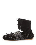 Velvet Ankle-Wrap Ballerina Flat, Nero