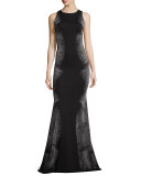 Metallic Palm Sleeveless Mermaid Gown, Caviar/Gunmetal