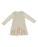 Long-Sleeve Crochet Sweaterdress, Beige, Size 8-14