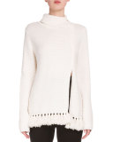 Front-Slit Fringe-Hem Sweater, Off White