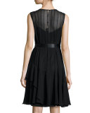 Sleeveless Jeweled-Collar Pintucked Dress
