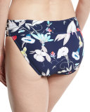 Flower Festival Twist-Band Swim Bottom, Blue Pattern