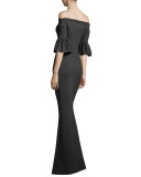 Padma Off-the-Shoulder Jersey Gown, Nero