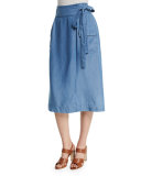 Chambray Tie-Waist Midi Wrap Skirt