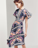 Short-Sleeve Asymmetric Printed Silk Dress, Black/Multicolor