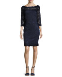 3/4-Sleeve Lace Cocktail Dress, Navy 