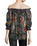 Floral-Print Chiffon Off-the-Shoulder Blouse, Black