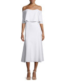 Off-The-Shoulder Midi Cocktail Dress, Warm Creme