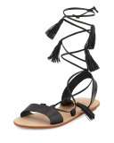 Saffron Leather Tassel Flat Sandal, Black