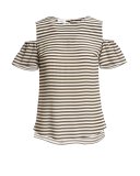 Striped Ruffled Cold-Shoulder Blouse, Khaki/Cream