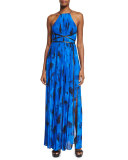 Sleeveless Floral-Print Pleated Gown, Lapis