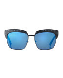 Printed Square Mirrored Sunglasses, Black/Blue