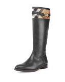 Check-Top Leather Knee Boot, Black