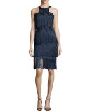 Sleeveless Tiered Fringe Cocktail Dress, Navy