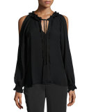 Gina Long-Sleeve Ruffled Tie-Neck Silk Blouse, Black