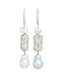 Linear Diamond & Baroque Pearl Drop Earrings in 18K White Gold