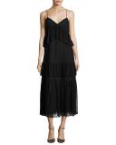 Sleeveless Polka-Dot Lace Tiered Dress, Black
