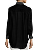 Monica Long-Sleeve Velvet Blouse w/ Satin Trim, Black