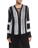 Long-Sleeve Pleated Lace-Up Blouse, Black/White