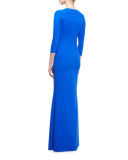 3/4-Sleeve Ruched Ponte Gown, Blue Klein
