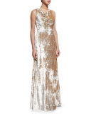 Crushed Velvet Cowl-Neck Gown, Silver