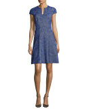 Blair Swirl-Jacquard Cap-Sleeve Dress, Lapis
