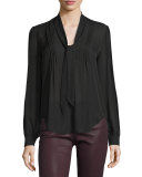 Lupita Tie-Neck Pintuck Silk Blouse, Black