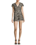 Tinsley V-Neck Lace Romper, Black/Beige