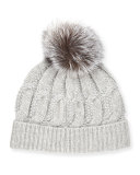 Cable-Knit Cashmere Fur-Pom Beanie Hat, Gray