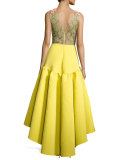 Sleeveless Floral & Crepe Gown, Chartreuse