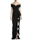 Off-the-Shoulder Draped Ruffle Column Gown, Black/Ivory