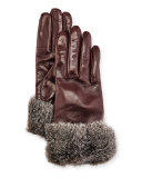 Leather Fur-Trim Gloves, Bordeaux