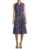 sleeveless tie-Neck floral silk midi dress, black/blue