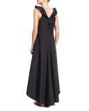 Ruffle-Sleeve High-Low Sateen Maxi Dress, Black